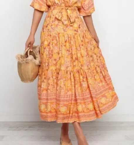 Petal and Pup  Orange Yellow Floral Flowy Bohemian Sunset Maxi Dress XS