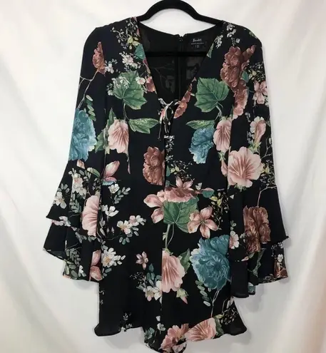 Bardot Revolve Black Floral Ruffle Sleeve Romper Lace Up 4