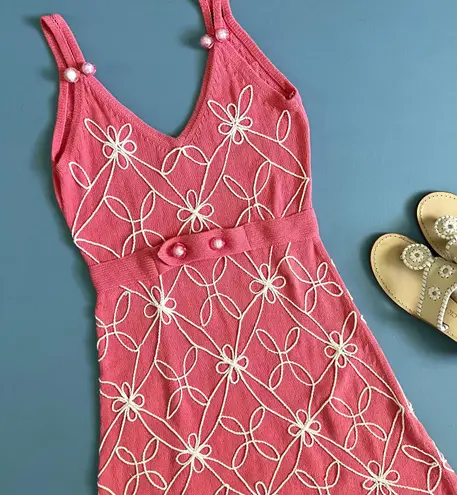 Milly of New York Pink Knit Floral Embellished Sleeveless Cotton Dress