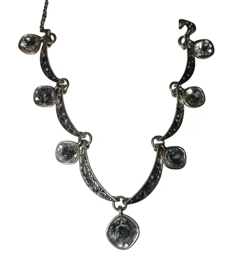 Trifari Crown Crystal Pave Necklace Vintage Silver Tone Filigree Clear Cushion