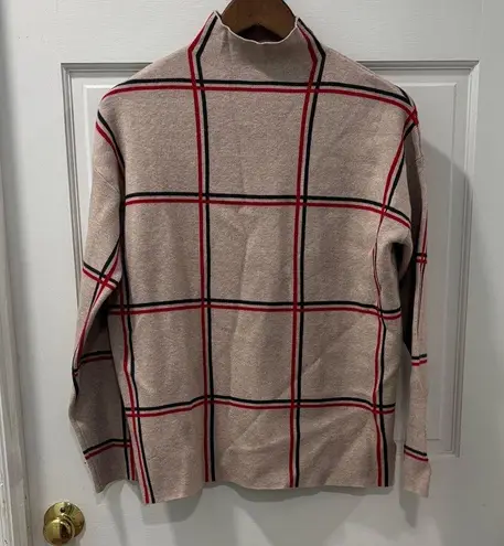 Tahari Mock Neck Sweater Red/Black Windowpane Design Size Medium Soft Cozy Chic