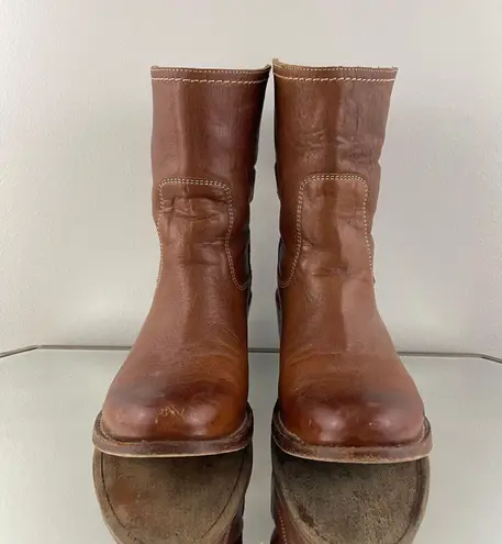 Frye Congac Brown Leather Carmen Shortie Ankle Buckle Stacked Heel Cowboy Boots