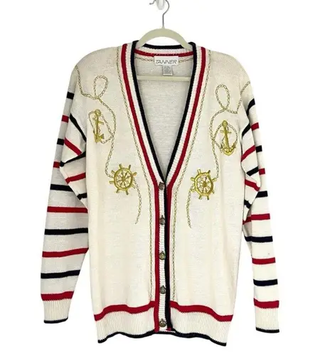 Tanner Vintage Ramie knit cardigan Retro Nautical Striped academia preppy Tennis White Size M