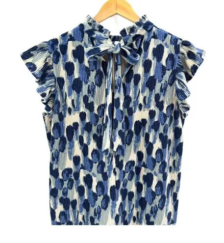 VOY Ruffle Flutter Sleeve Pleated Shift Mini Dress Abstract Dot Print Bow Back M Blue Size M