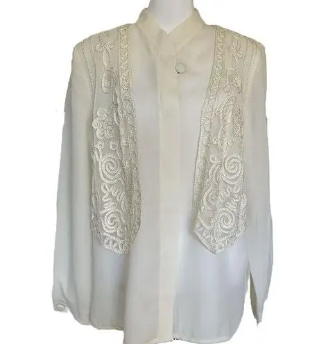 Vintage Lace Vest Blouse Size L Ivory White Long Sleeve Button Down 90s Size L