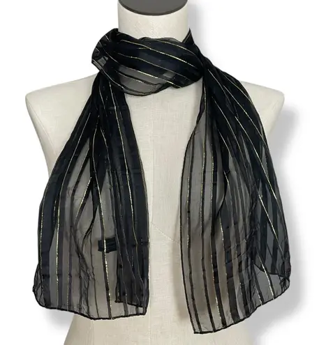 Vintage Scarf Black Sheer Stripes Gold Thread Women Elegant Dressy Retro Nylon