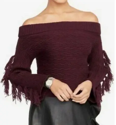 Rachel Roy Ryanne Fringe Cable Knit Off Shoulder Sweater Royal Orchid