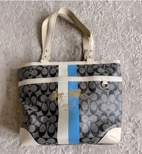 Coach black and white monogrammed leather tote hand bag