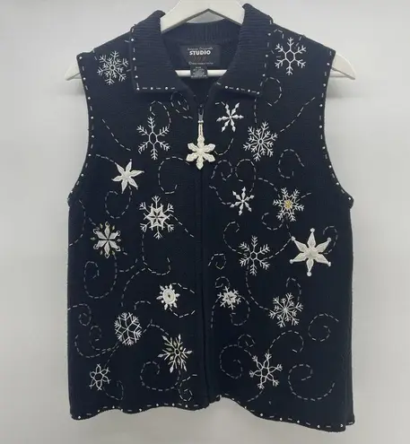 Vtg Size PM Petite Sweater Vest Snowflakes Full Zip Up Black Christmas Woman's