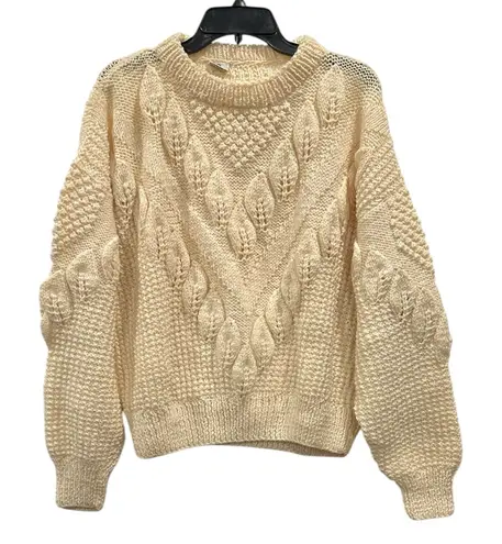 Vintage Hand Knot 100% Wool Cream Fisherman Sweater Thick Cable Knit Pullover M Size M
