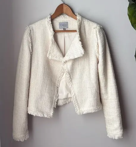 Dalia Tweed White Cream Fringe Raw Hem Natural Woven Blazer Size XS