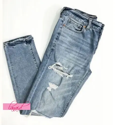 American Eagle Stretch Tomgirl Jeans Slashed Sky Destroyed Ripped BF Boyfriend 0