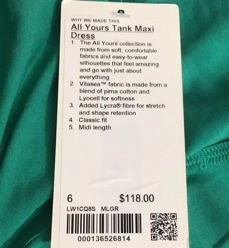 Lululemon NWT  All Yours Tank Maxi Dress Size 6 Maldives Green HTF