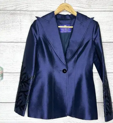 Max Nugus Haute Couture Navy & Black Rhinestone Evening Blazer Jacket Size Small Blue