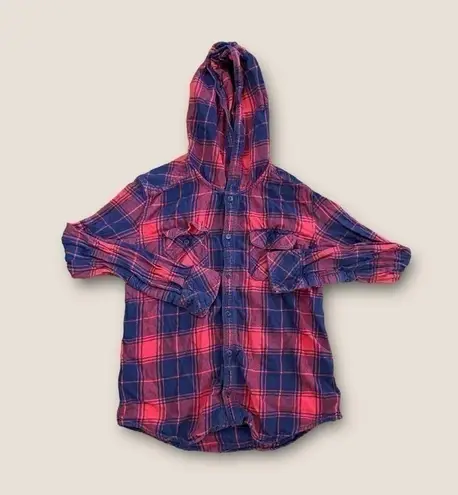 Aritzia TNA Hooded Plaid Boyfriend Fit Button Down Long Sleeve Red Navy XS Blue