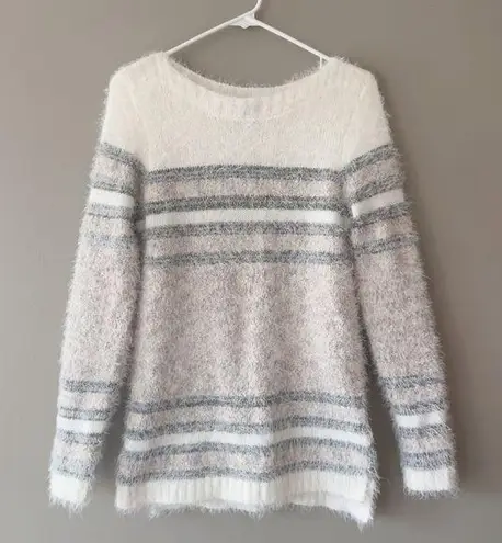 The Limited  Women's Cream, Gray Pink Long Sleeve Pullover Fuzzy Sweater Size S