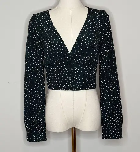 Lulus Love Always Forest Green Polka Dot Long Sleeve Crop Top Womens Size Small