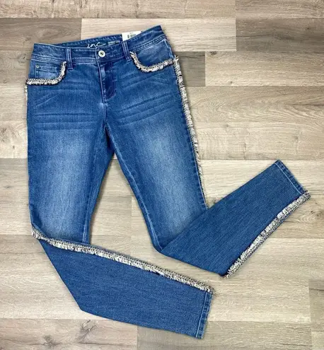 INC International Concepts Skinny Jeans Tweed Fringe Side Mid Rise Size 0 NWT Blue