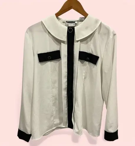 Vintage 80’s funky collar white silky blouse black trim art deco chunky jewel Size 12