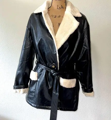 Pascale La Mode faux leather wrap jacket black w/white faux fur lining Size L Size L