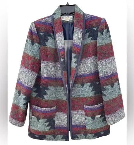 Julia Klein Aztec Print Blue Multi Blazer Women’s M Cotton Blend Shoulder Pads Size M