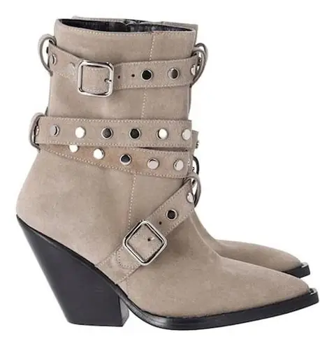 IRO Bonobal Buckled Suede Pointed Stacked Heel Ankle Boots Gray Women's 40 / 9.5