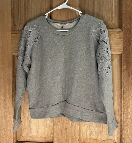 Rebecca Taylor Women’s Gray Lace Sleeve Crewneck Pullover Cotton Sweater size M
