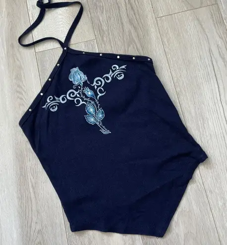 Y2K Halter Tank Top studded rose handkerchief womens Navy Blue (medium) dark vtg