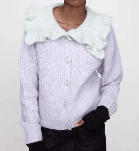 ZARA  Pastel Lilac and Green Combination Bib Collar jewel buttons Knit Cardigan M - Image 1