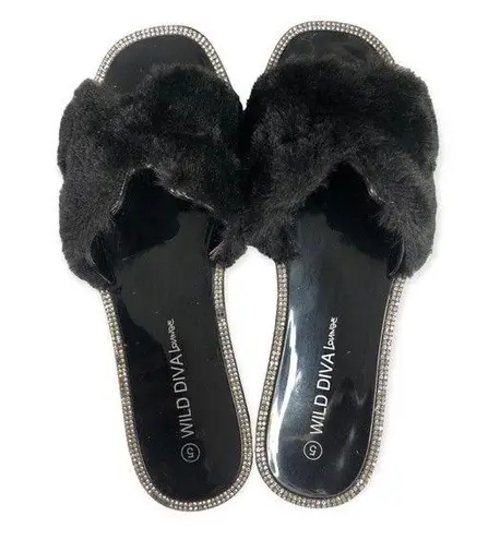 Wild Diva  Lounge Black Faux Fur Rhinestone Slides