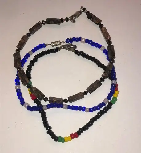 9” Ankle Bracelets Lot of 3 Black Red Yellow, Blue & Jasper Stone 925 Clasp