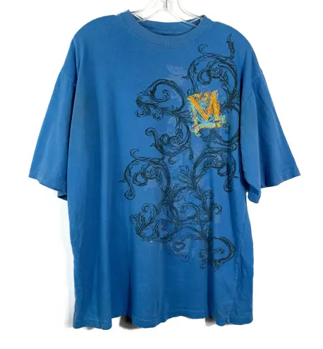 Makaveli M Brand  Tupac Blue Embroidered Pattern Grunge Tee Y2K XL Skater Street