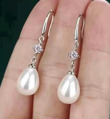 925 Silver Plated White Pearl Dangle Drop Earrings for Women
