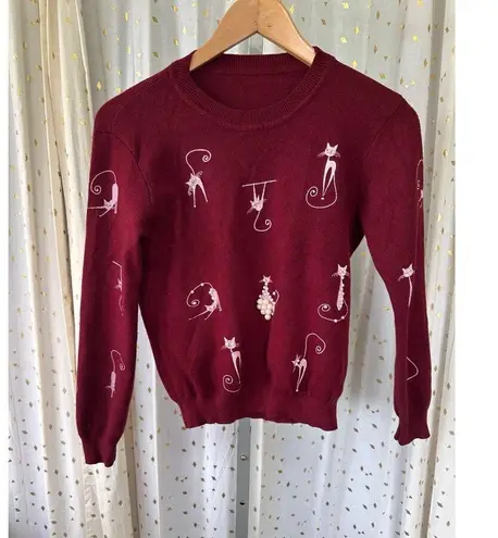Unbranded Silkscreen Crazy Cat Lady Pearls Embellishment Knit Crewneck Sweater Red Size XS