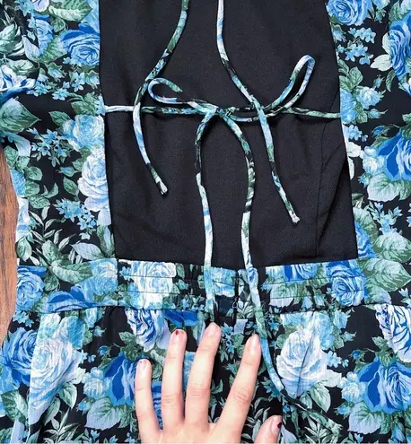 WAYF • Blue Floral Tiered Midi Dress open tie back blouson black rose print