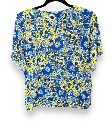 MELLODAY NWT Blue Yellow Floral Ruffle Top - Size Large