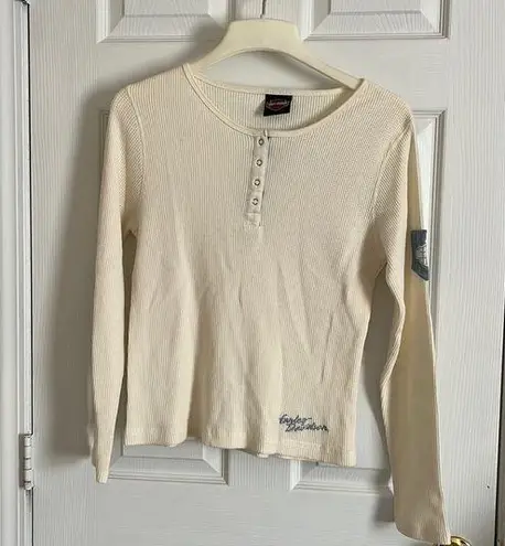 HARLEY DAVIDSON Cream Waffle Knit Size Large Long Sleeved Shirt Blue