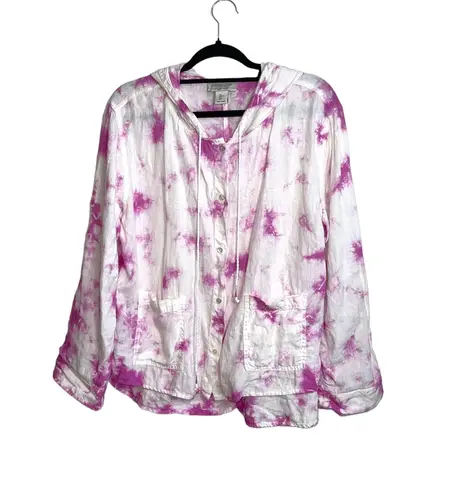 Rachel Zoe 100% Linen White & Purple Tie-dye Hooded Button Down Top