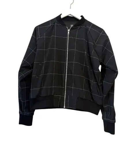 ALBION FIT Albion Windowpane Print Bomber Jacket Black Lightweight Full Zip Front Size Med
