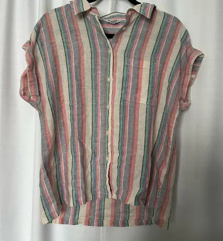 Orvis Women's Ladies Short Sleeve Button Up Linen Blend Shirt Top Stripe S