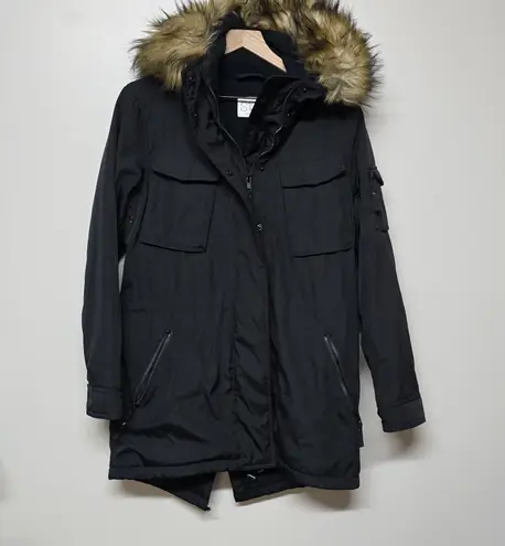 S13 New York Black Parka Jacket M Faux Fur Hood Warm Winter Coat 33" Long Flaw Size M