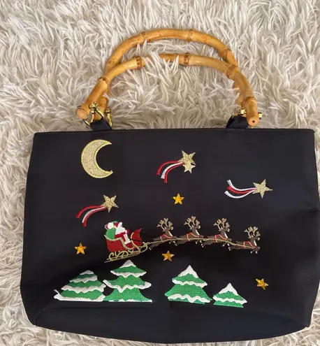 kim rogers Black Christmas Santa Reindeer Bamboo Handle Tote Bag