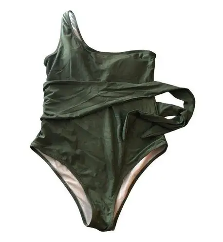 Womens One Piece Swimsuit One Shoulder Tie Waist Removable Cups Green L Size L
