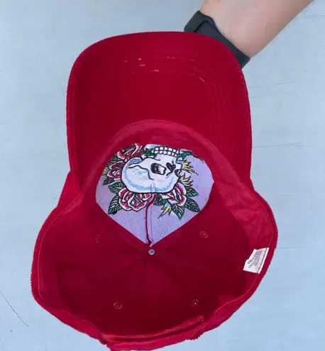 Ed Hardy Y2K Floral Skull Embroidered Red Corduroy Hat