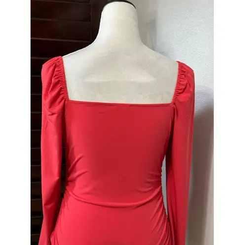 Abound  Womens Casual Top Red 3/4 Sleeve Stretch Ruched Square Neck M New