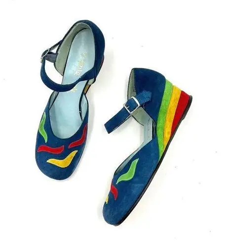 Vintage Rhea Nichols Suede Wedges Mary Jane Shoes Blue Rainbow Memphis Size 9