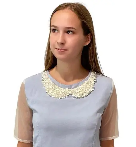 Sister Jane Sequin & Pearl Collar Tulle Sleeve Blue Crop Top Size S