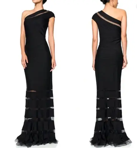 Tadashi Shoji Black Pintuck Jersey One Shoulder Gown