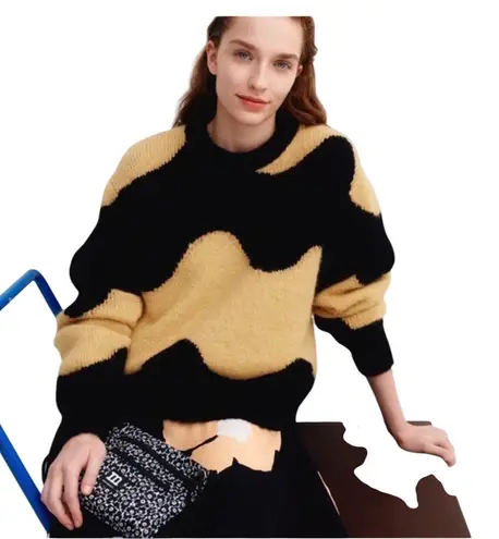 Marimekko Disjunktio Lokki Alpaca Wool Blend Knit Sweater XS Wavy Pattern Black - Image 1