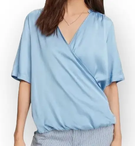 Scotch & Soda Para Dice Blouse Women's Large Blue Satin Short Sleeve Cross Front